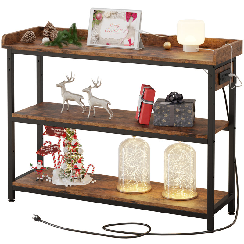 Console Table with Power Outlets, 33" H x 43 "W  x 13.8" D, Rustic Brown