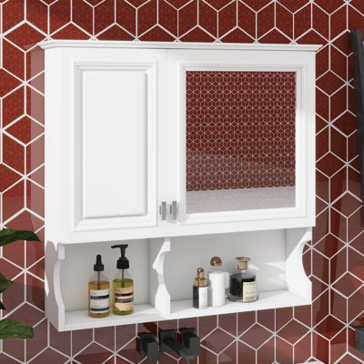 Armoire de rangement murale de salle de bain 30 ", porte miroir, tablettes ouvertes et tablette réglable