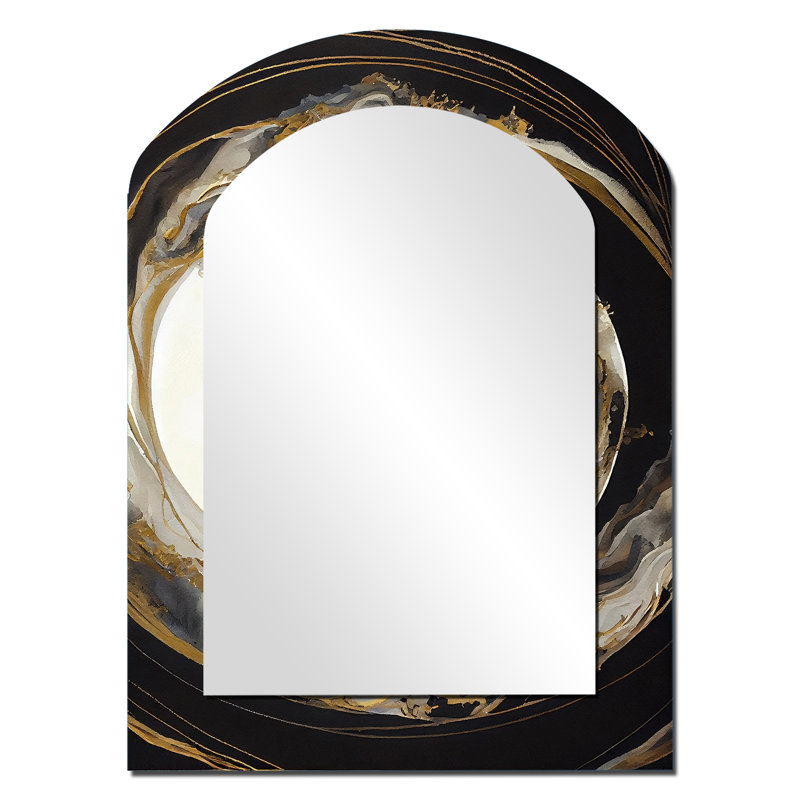 Gold Glamour Wave I - Marble Arch Decorative Mirror, Modern Asymmetrical Wall Mirror, Printed Metal Art, 34" x 25"