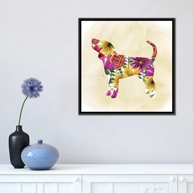 «Flower Power Pup IV», impression sur toile, H 18 po x l 18 po x P 1,5 po, Toile avec cadre noir, Pas de tapis