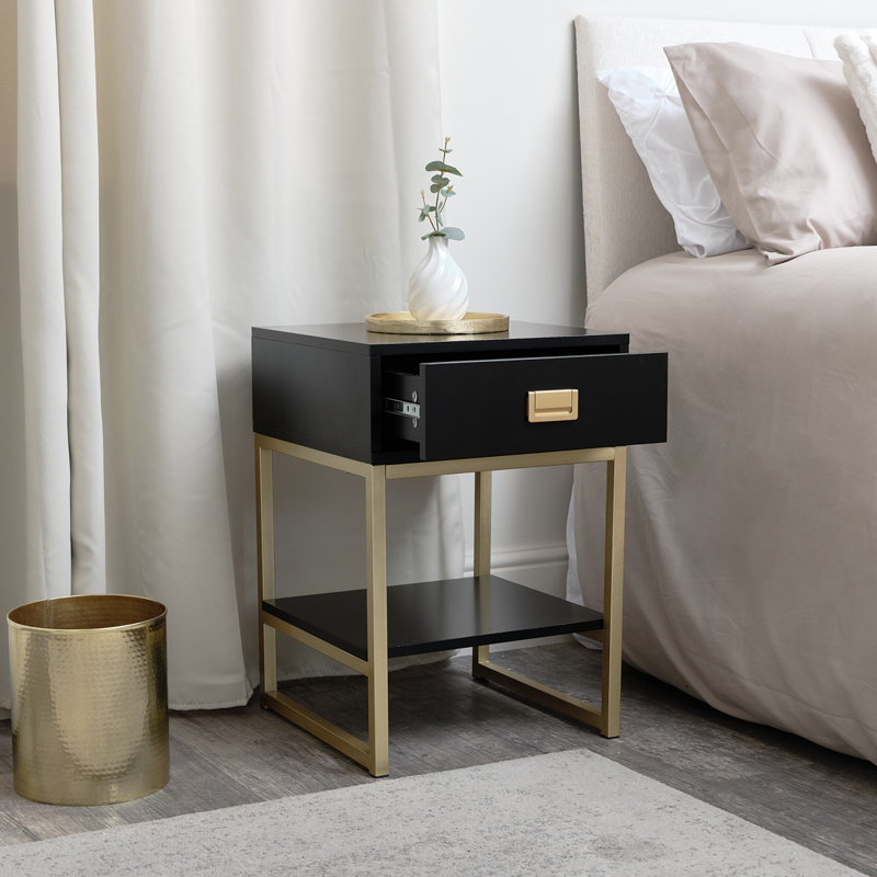 Alahya 40cm W Manufactured Wood Bedside Table, Black/Gold, Black