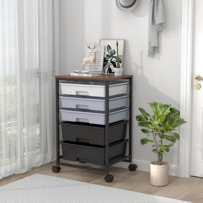 Grey 5 Plastic Drawers Storage Trolley Rolling Storage Cart on Wheels