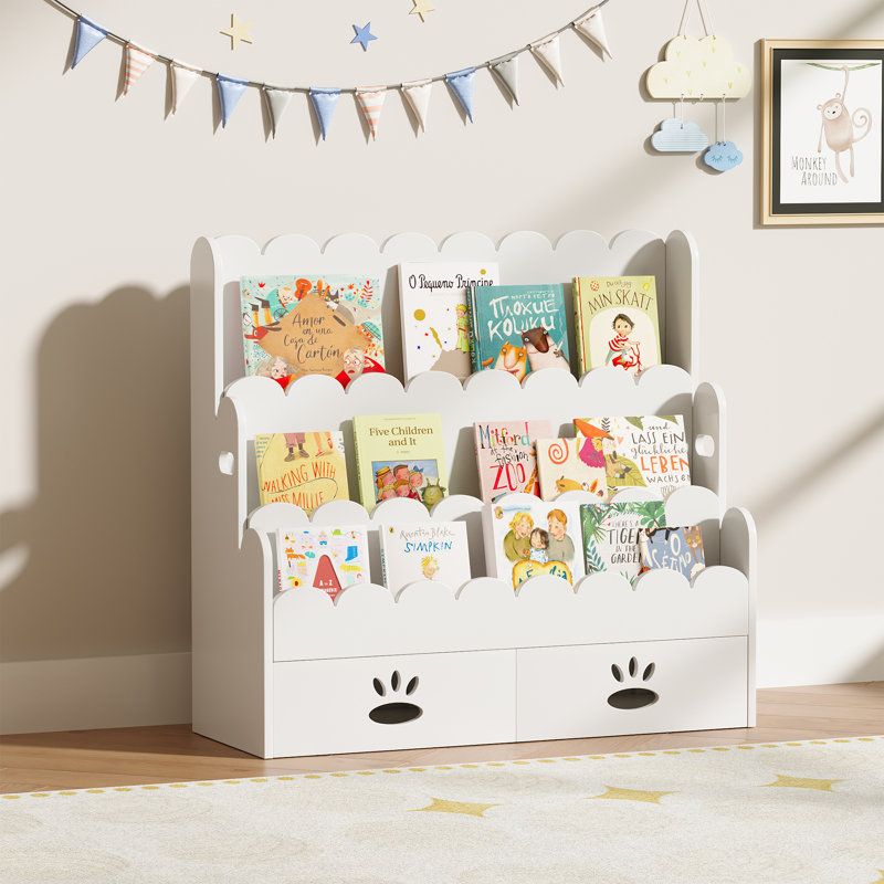 Bibliothèque pour enfants à 3 niveaux avec tiroirs Montessori, Blanc