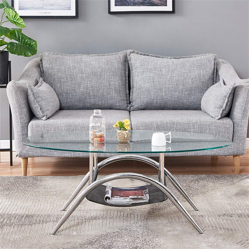 Glass Coffee Table Oval 39" With Storage, Living Room Modern End Table Sofa Side Table Tea Table Clear Glass With Chrome Legs For Home Office Waiting Reception Furniture