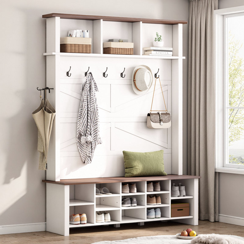 74.8" Farmhouse 4-in-1 Hall Tree with 6 Hooks, Walnut Entryway Bench & 16 Open Compartments, Rustic Shoe Organizer with Adjustable Shelves for Mudroom, Living Room, Entryway