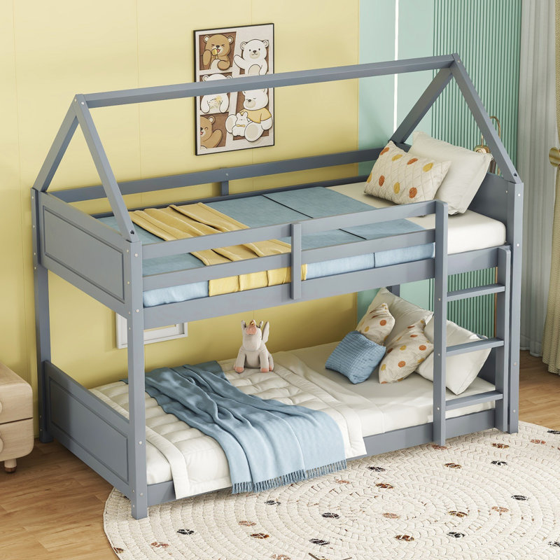 Ishmal Twin Over Twin House Bunk Bed with Headboards, Footboards, Guardrails & Ladder - Rubber Wood, Light Gray