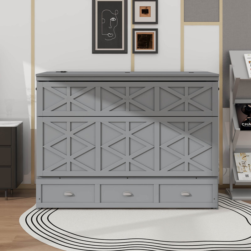 Grand lit escamotable avec grands tiroirs et port USB, Gris brossé