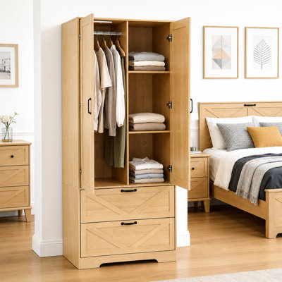 Armoire-penderie 2 portes en bois avec miroir, 2 tiroirs, tringle suspendue et lampe à induction, armoire de rangement pour chambre à coucher autoportante, naturel