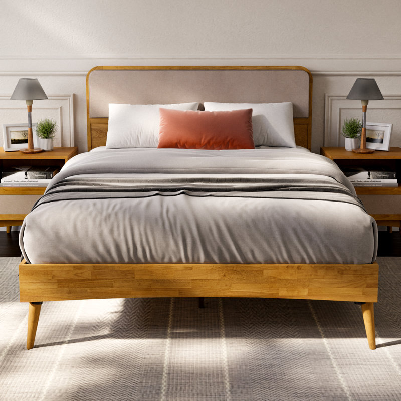 Calista Bed Frame with Fabric Panel Headboard, Teak Brown, Queen