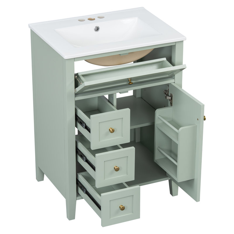 24" Bathroom Modern Vanity with Sink, MDF, Rubberwood, 3 Drawers, Shelved Cabinet, Sized for Small-to-Medium Baths, Green