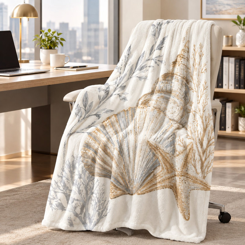 Coastal Seashell & Starfish Print Fleece Throw Blanket, Artistic Beach Themed Soft Cozy Blanket for Sofa Couch Bedroom Living Room Home Decor