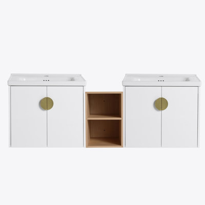 Meuble-lavabo à fermeture en douceur de 60 po avec lavabo et petites tablettes de rangement.