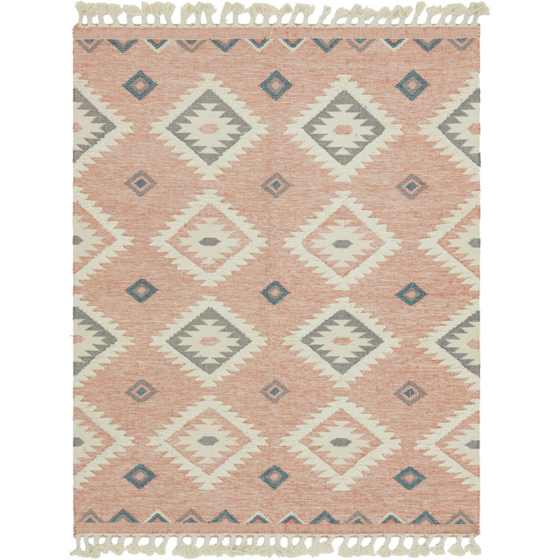 Tapis rose en laine tissé à la main et à plat Shriver Southwestern, Rectangle 8 pi x 10 pi
