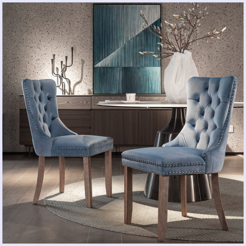 Chaise d'appoint en velours capitonné Hamayal, Bleu clair, Naturel