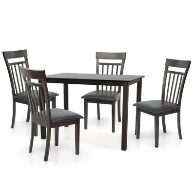 5 Piece Dining Table Set, 4 Classic Style Solid Wood Warm Chairs w Rectangular Table, Kitchen Room Set, PU Leather Cushions