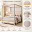 Lit plateforme Beigelora Queen Size à baldaquin capitonné beige avec cadre à quatre colonnes, tête de lit rembourrée en tissu, bandes DEL personnalisables intégrées à la tête et au pied de lit.