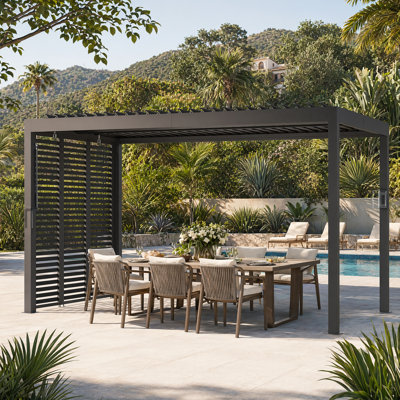 Aurora 10 Ft. X 12 Ft. Louvered Pergola With Adjustable Double -Layer Lovers,Built-In Gutter System And USB Power Socket,Outdoor Horizontal Grids Panel Screen