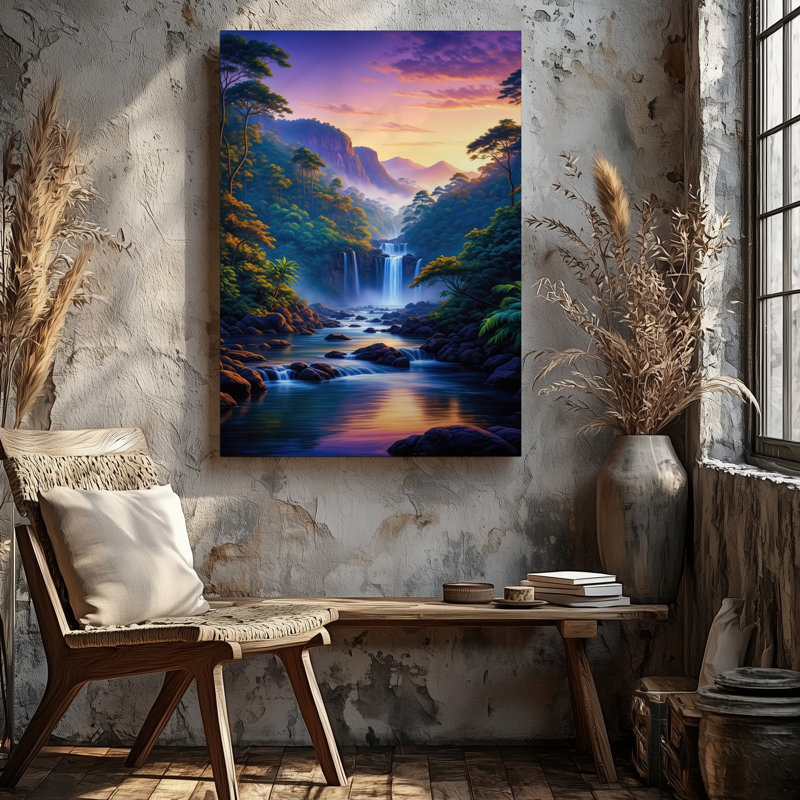 Toile, "Vibrant Lush Jungle Scene At Sunset", art mural cascades qui coule dans une rivière sereine, H 12 po x l 9 po