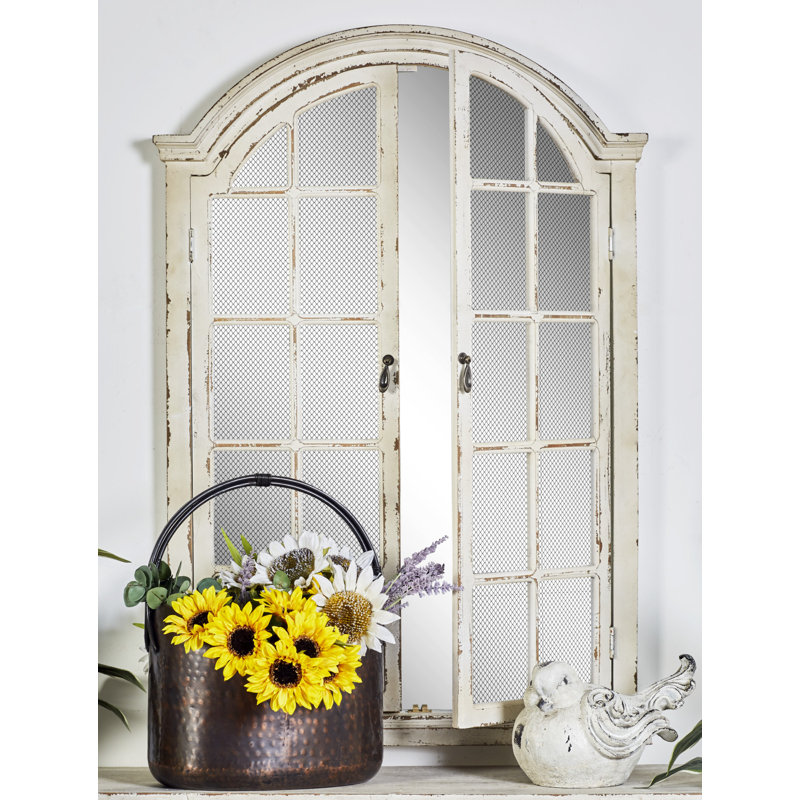 Cream Wood Windowpane Arched Wall Mirror with Distressed Finish