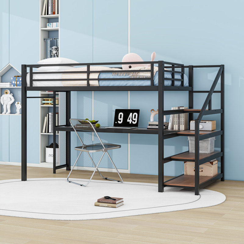 Loft Bed with Desk, LED Lights, and Storage Stairs, Twin XL