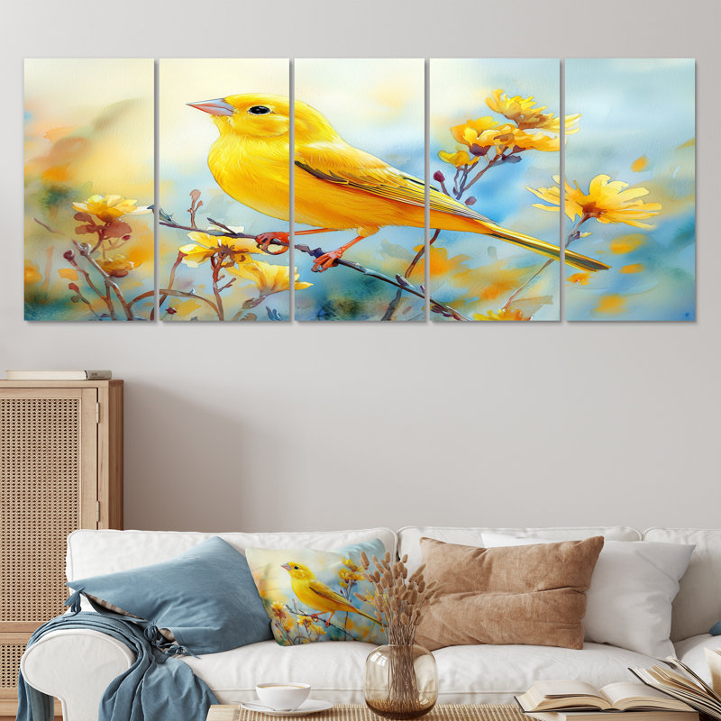 Oiseau pinson sur une tige de fleurs sauvages III - Art mural oiseau - ensemble d'art mural moderne, H 32 po x l 80 po, 5