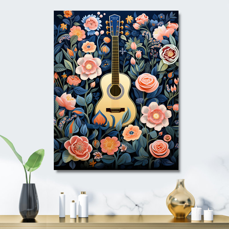 Rose, harmonie florale, guitare, musique, art mural en métal, H 32 po x l 24 po x P 1 po