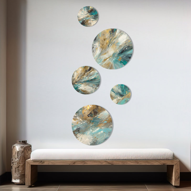 5 Golden Hour In Turquoise Waves I - Metal Wall Decor Set Round Metal