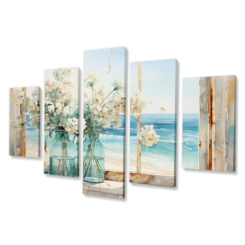  «Blue Window Beachfront View Blooms I - Coastal Windows Multipanel Wall Art Decor