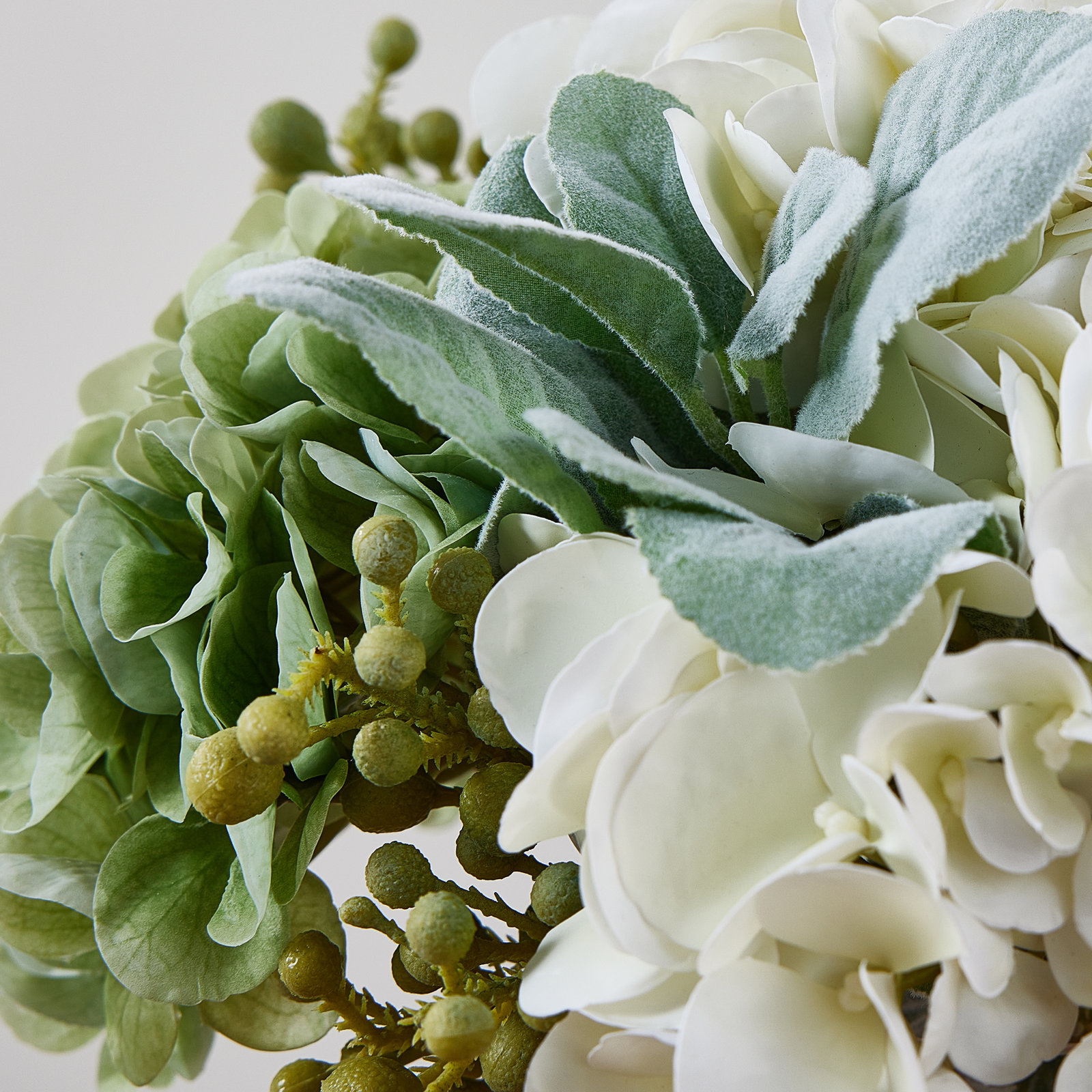Artificial Hydrangea Floral Arrangement In Clear Glass Vase With Realistic Faux Water - Handcrafted Silk Flower Centerpiece, 12" Tall (Available In Classic White Or Mixed Greenery & Berry Styles)