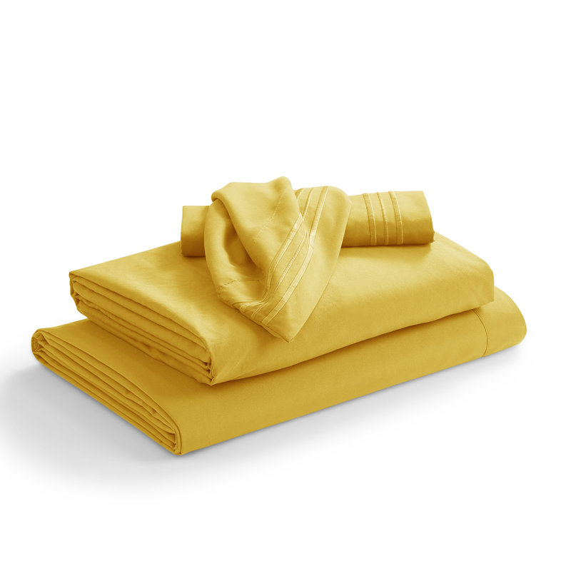  Ensemble de draps hypoallergéniques à double brossage 1800 Series, Ensemble de draps pour grand lit avec 2 taies d'or, Jaune