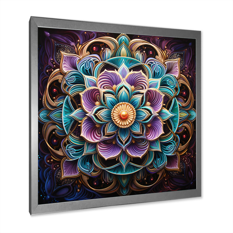 Ancien mandala magique coloré sur toile, Cadre simple argenté, H 30 po x l 30 po x P 1 po