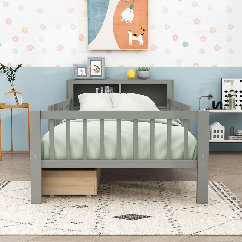 Twin Wooden Platform Bed with Headboard Storage, Safety Guardrails and Drawers, Gray