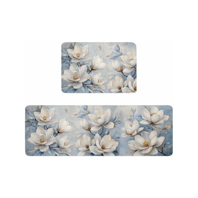 Ensemble de 2 tapis de cuisine à motif floral magnolia, aquarelle élégante pour la cuisine et la salle de bain, bleu clair et blanc