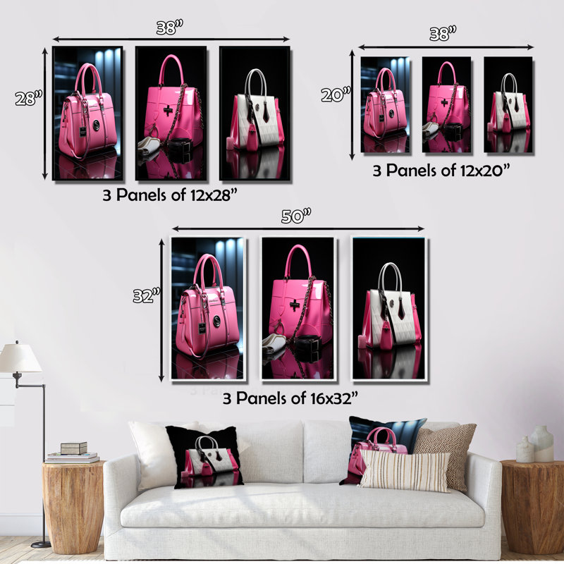 «Fashion Pink Bag Glamour II», 3 pièces sur toile, Cadre noir, H 28 po x l 36 po