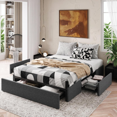 Upholstered Platform Bed Frame with 3 Storage Drawers, Wooden Slat Support, No Box Spring Needed, Low Profile, Easy Assembly - Queen, Imitation Linen Dark Gray