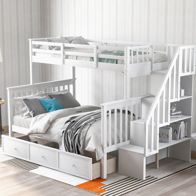 Lit superposé simple avec escalier et tiroir, finition blanche, convient aux soirées pyjama dans la chambre à coucher, espace de rangement maximisé, structure en pin massif, conception sécuritaire, couleur d'escalier requise, utilisation idéale pour un dortoir,