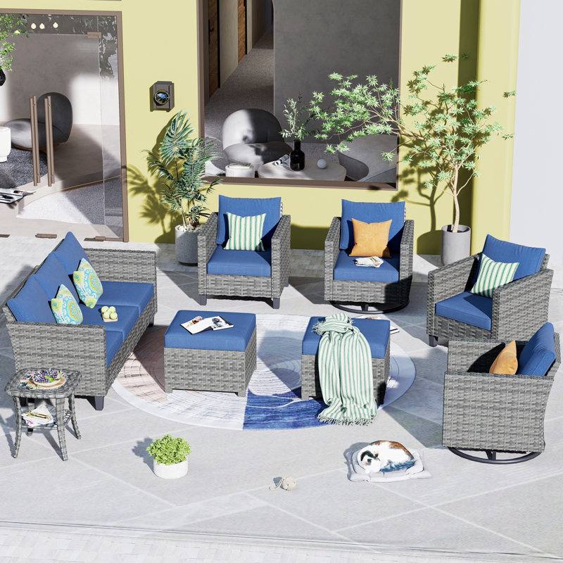 GRST Wicker/Rattan 7-Person Seating Group with Cushions, Blue