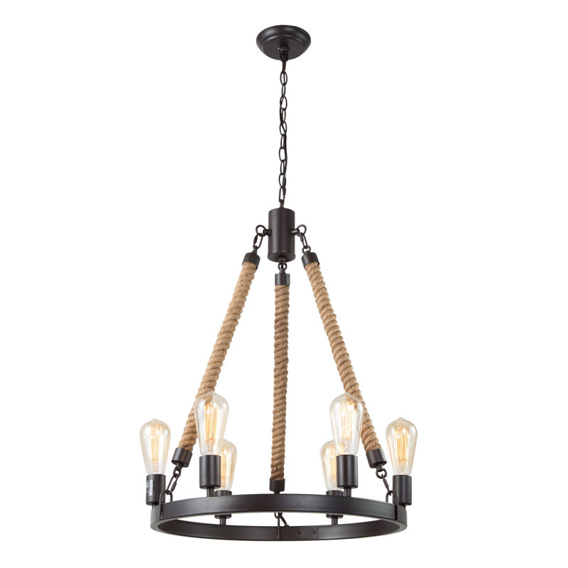 Lustre unique en forme de roue de chariot à 6 lumières avec accents de corde