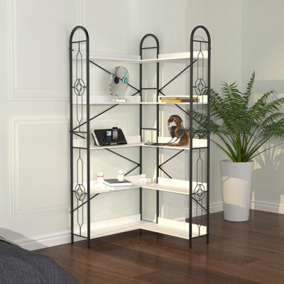 Bibliothèque d'angle à 5 niveaux, bibliothèque d'angle moderne, grande bibliothèque ouverte, présentoir, étagère, grand support de rangement pour bibliothèque, chambre à coucher, salon et bureau personnel, blanc