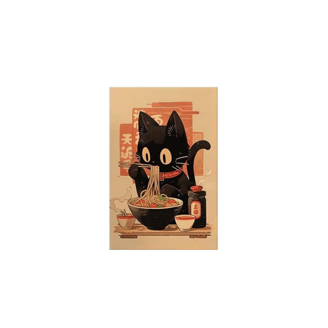 Trendy Japanese Black Cat Eating Ramen Posters Cute Animals Eating Noodles With Chopsticks Canvas Wall Art