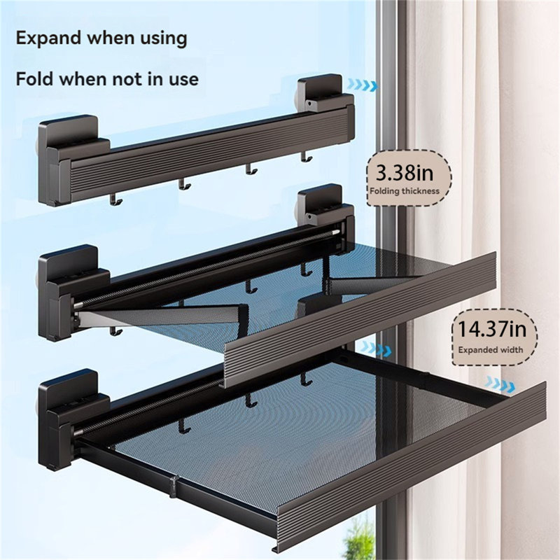 Aluminum Alloy Suction Cup No-Drill Retractable Clothes Rack, 17.32" H x 14.37" W x 3.66" D