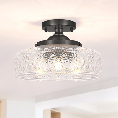 Plafonnier semi-encastré 3 lumières rétro noir mat avec abat-jour en verre transparent gravé à l'eau-forte