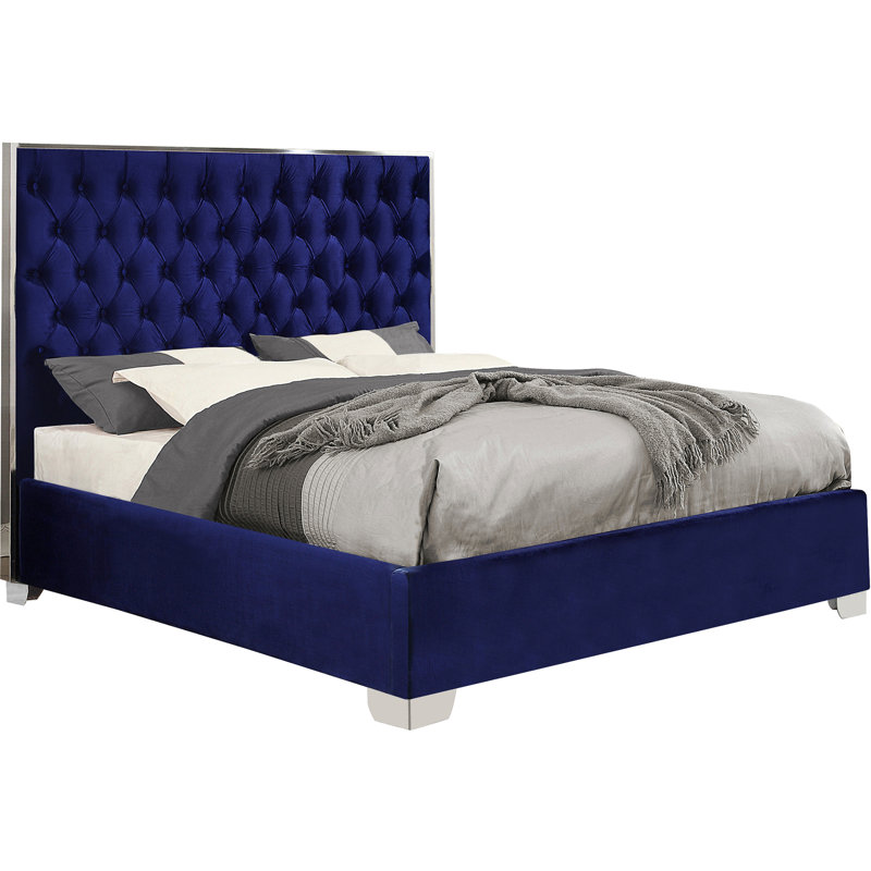 Lit plateforme tapissier capitonné Spadaro, Velours marine, Argent, Double