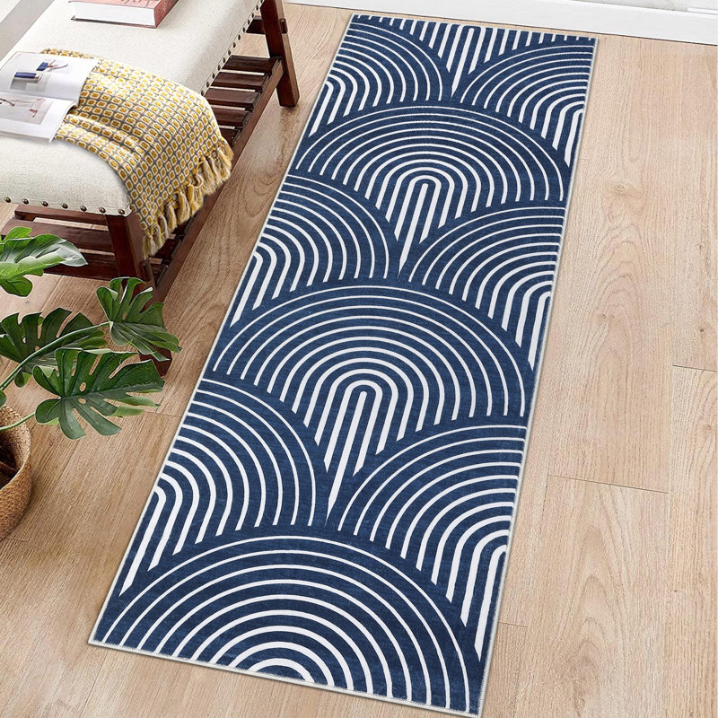Tapis lavable Modern Geometric Lines pour chambre à coucher, salle à manger et salon, Blue, Runner 2' x 6'