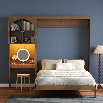 Queen Wood Murphy Bed with Built-in-Desk, LED Lighting, Storage Cabinet, Drawers and Shelves