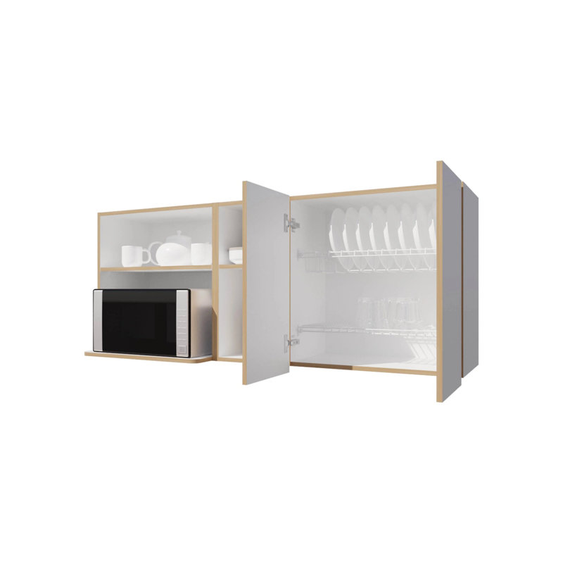 Armoire de cuisine en chêne naturel et blanc avec espace pour micro-ondes et tablette ouverte