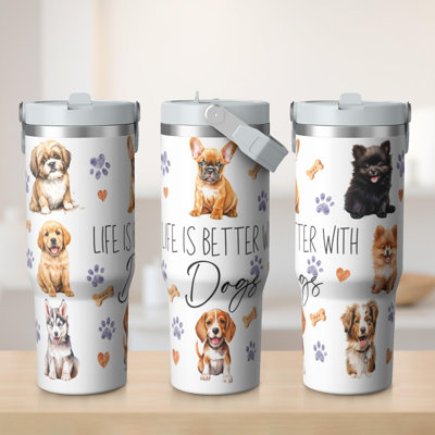 Gobelet 30 oz avec couvercle et poignée Gobelets isothermes en acier inoxydable Bouteille d'eau mignonne avec rabat (chien)