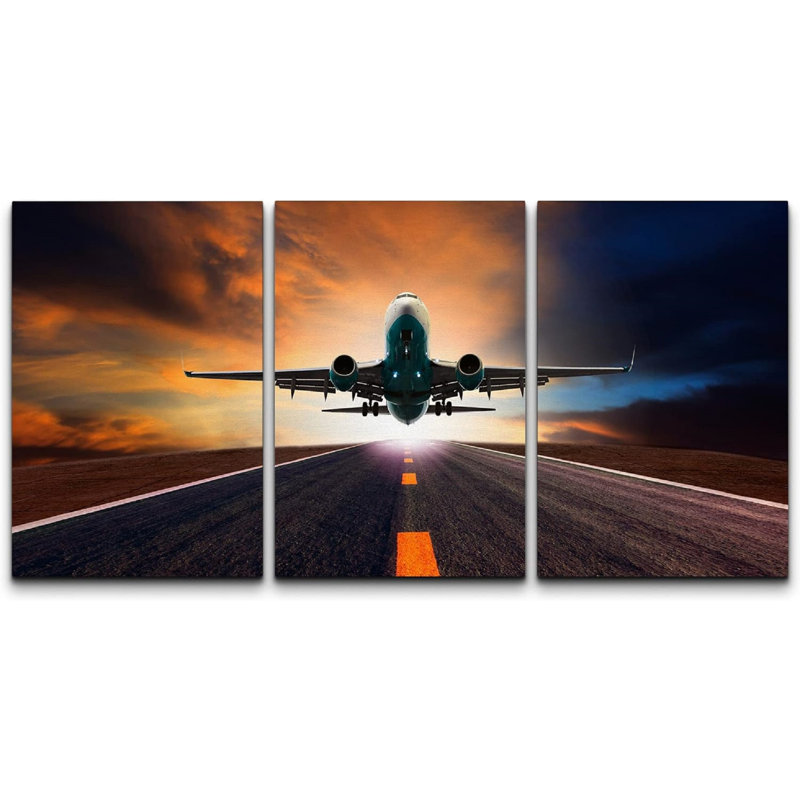 Jet Jet Flying over Runway at Sunset - reproduction d'art sur toile tendue, H 36 po x l 72 po x P 1,5 po