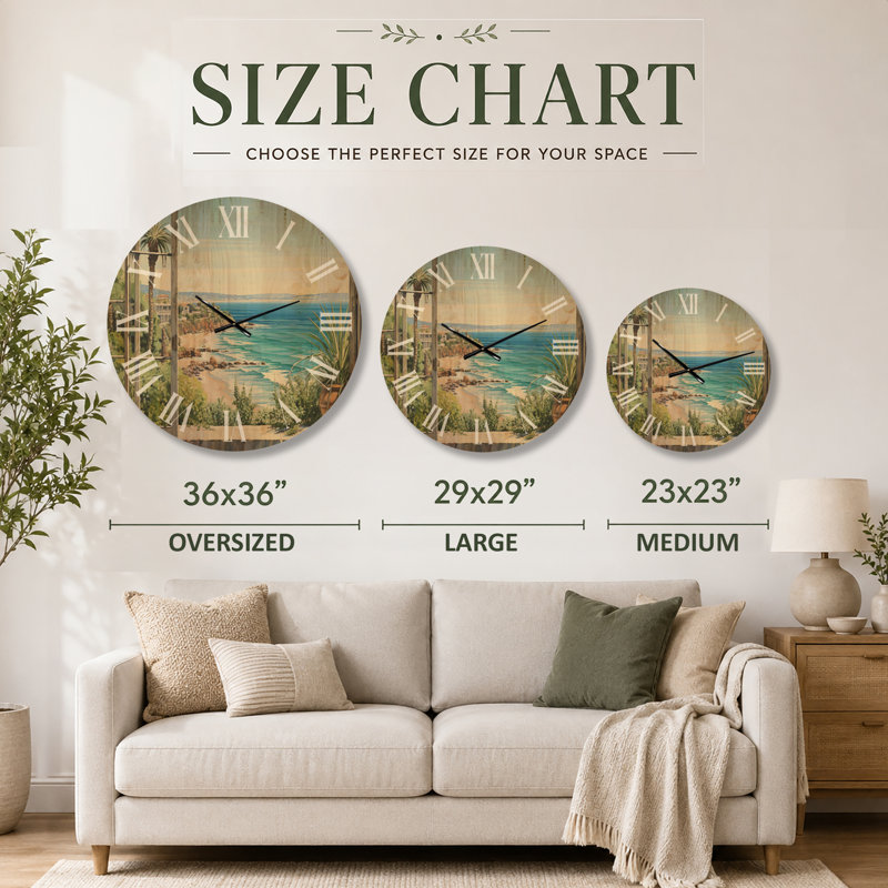 Horloge murale plage, bord de mer, vue tropicale I, imprimée sur bois, Medium