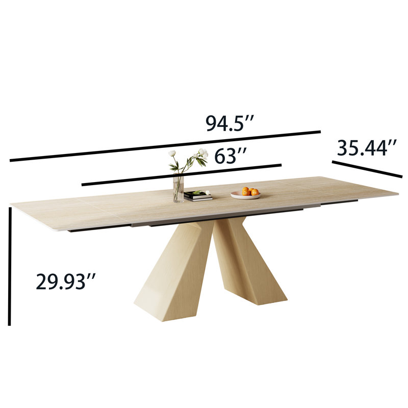 Extendable 63 to 94" 10-Seat Beige Sintered Stone Dining Table with Carbon Steel Base, Large Modern Rectangular Dining Room Table For Home, Kitchen, Living Room